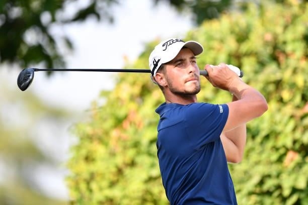 Federico Maccario of Italy plays his first shot on the 1st hole during the Day One of Italian Challenge at Margara Golf Club on July 22, 2021 in...