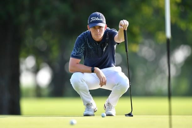 Daniel Hillier of New Zealand lines up a put on the 2nd hole during the Day One of Italian Challenge at Margara Golf Club on July 22, 2021 in Solero,...