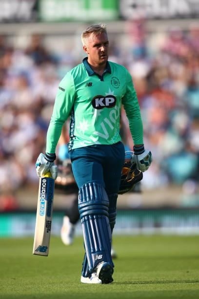 Jason Roy of the Oval Invincibles walks off after being dismissed during The Hundred match between Oval Invincibles Men and Manchester Originals Men...