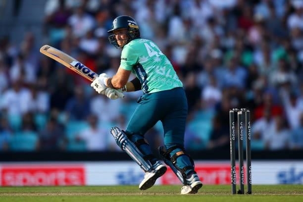 Colin Ingram of the Oval Invincibles in action during The Hundred match between Oval Invincibles Men and Manchester Originals Men at The Kia Oval on...