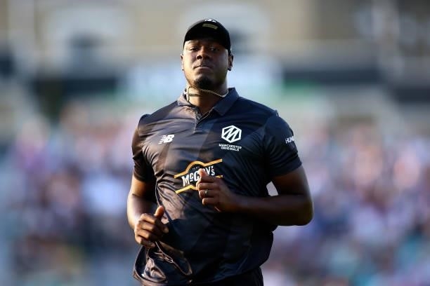 Carlos Brathwaite of the Manchester Originals looks on during The Hundred match between Oval Invincibles Men and Manchester Originals Men at The Kia...