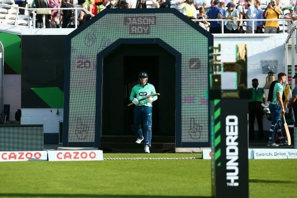 Jason Roy of the Oval Invincibles walks out to bat during The Hundred match between Oval Invincibles Men and Manchester Originals Men at The Kia Oval...