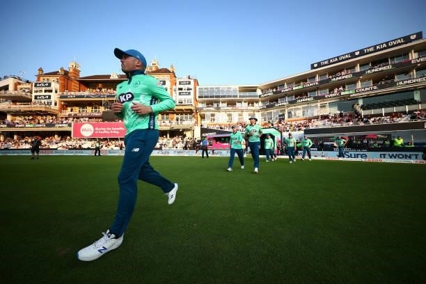 Jason Roy of the Oval Invincibles runs out to field during The Hundred match between Oval Invincibles Men and Manchester Originals Men at The Kia...