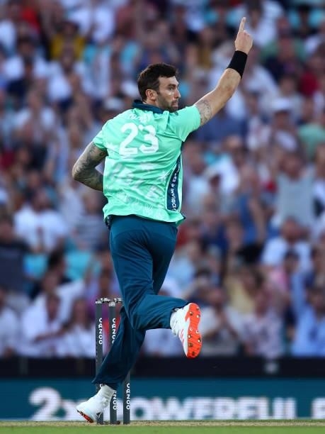 Reece Topley of the Oval Invincibles celebrates taking a wicket during The Hundred match between Oval Invincibles Men and Manchester Originals Men at...
