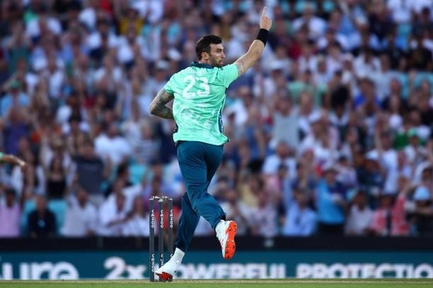 Reece Topley of the Oval Invincibles celebrates taking a wicket during The Hundred match between Oval Invincibles Men and Manchester Originals Men at...