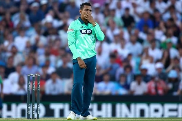 Sunil Narine of the Oval Invincibles looks on during The Hundred match between Oval Invincibles Men and Manchester Originals Men at The Kia Oval on...