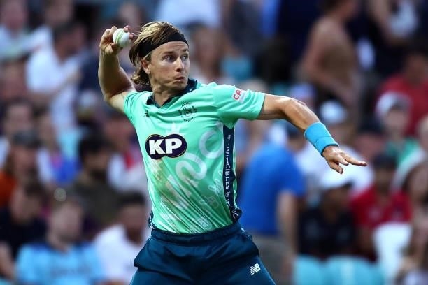 Sam Curran of the Oval Invincibles in action during The Hundred match between Oval Invincibles Men and Manchester Originals Men at The Kia Oval on...