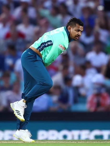 Sunil Narine of the Oval Invincibles in action during The Hundred match between Oval Invincibles Men and Manchester Originals Men at The Kia Oval on...
