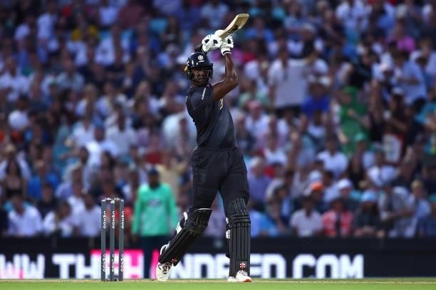 Carlos Brathwaite of the Manchester Originals in action during The Hundred match between Oval Invincibles Men and Manchester Originals Men at The Kia...
