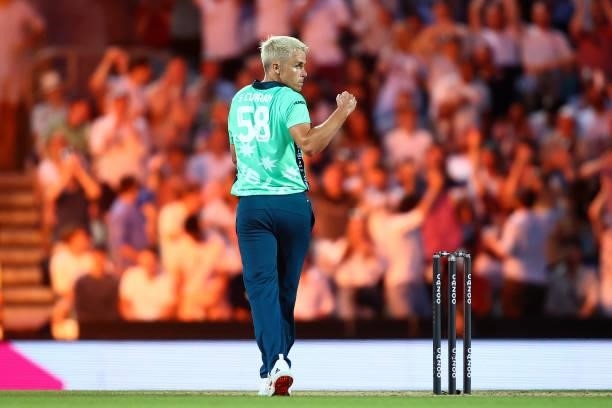 Sam Curran of the Oval Invincibles celebrates taking a wicket during The Hundred match between Oval Invincibles Men and Manchester Originals Men at...