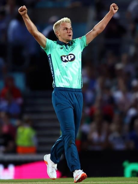 Sam Curran of the Oval Invincibles celebrates his team's victory during The Hundred match between Oval Invincibles Men and Manchester Originals Men...