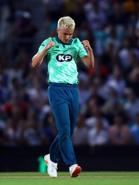 Sam Curran of the Oval Invincibles celebrates his team's victory during The Hundred match between Oval Invincibles Men and Manchester Originals Men...