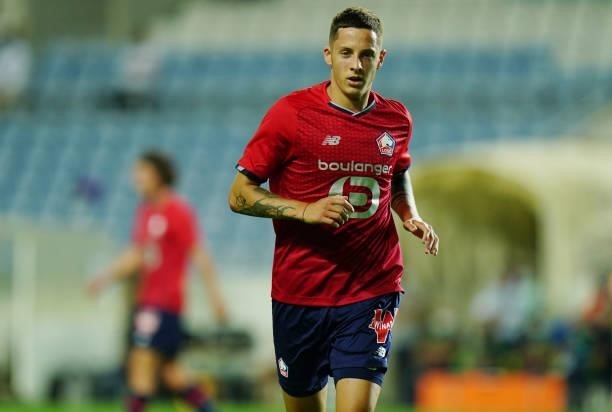 Domagoj Bradaric of LOSC Lille during the Pre-Season Friendly match between SL Benfica and Lille at Estadio Algarve on July 22, 2021 in Loule,...