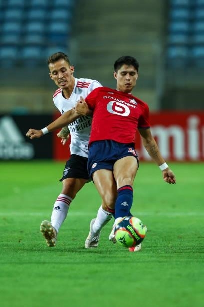 Luiz Araujo of LOSC Lille vies with Alex Grimaldo of SL Benfica for the ball possession during the Pre-Season Friendly match between SL Benfica and...