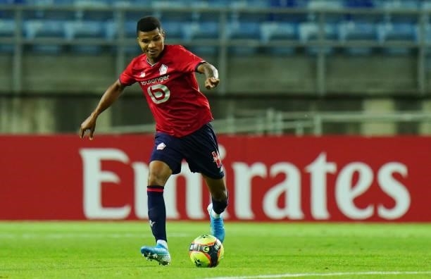 Reinildo Mandava of LOSC Lille in action during the Pre-Season Friendly match between SL Benfica and Lille at Estadio Algarve on July 22, 2021 in...