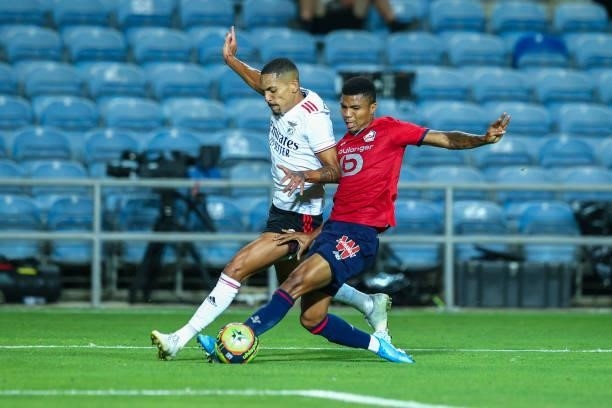 Gilberto of SL Benfica vies with Tiago Djalo of LOSC Lille during the Pre-Season Friendly match between SL Benfica and Lille at Estadio Algarve on...