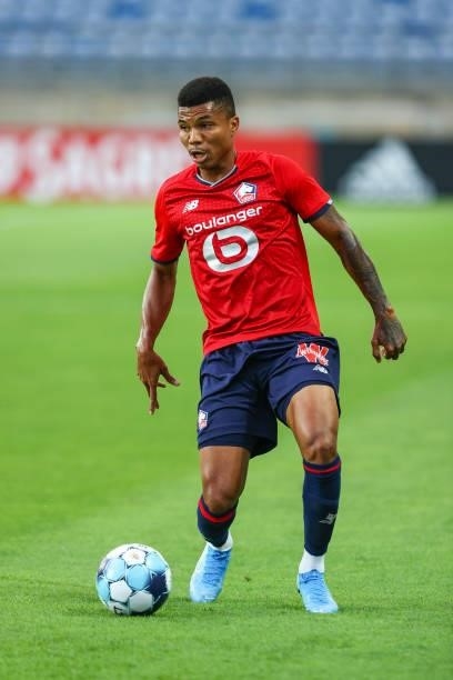 Reinildo Mandava of LOSC Lille during the Pre-Season Friendly match between SL Benfica and Lille at Estadio Algarve on July 22, 2021 in Faro,...