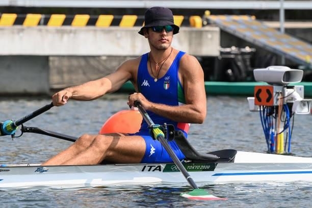 Italy's Gennaro Di Mauro prepares to compete in the men's single sculls rowing heats during the Tokyo 2020 Olympic Games at the Sea Forest Waterway...