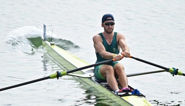 Tokyo , Japan - 23 July 2021; Luca Verthein Ferreira of Brazil during the heats of the men's single sculls event at the Sea Forest Waterway during...