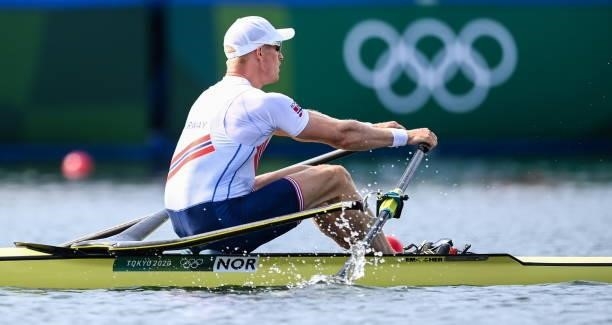 Tokyo , Japan - 23 July 2021; Kjetil Borch of Norway on his way to winning his heat of the men's single sculls event at the Sea Forest Waterway...