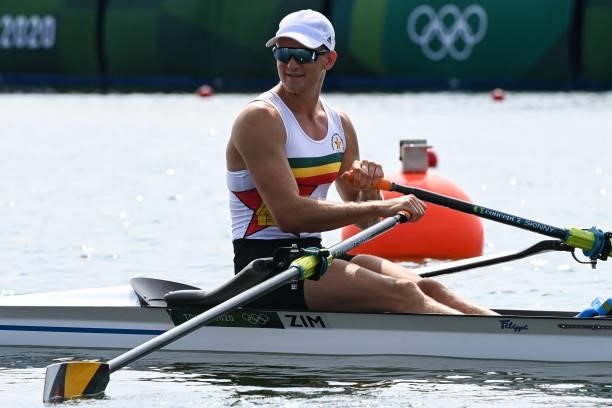 Zimbabwe's Peter Purcell-Gilpin prepares to compete in the men's single sculls rowing heats during the Tokyo 2020 Olympic Games at the Sea Forest...