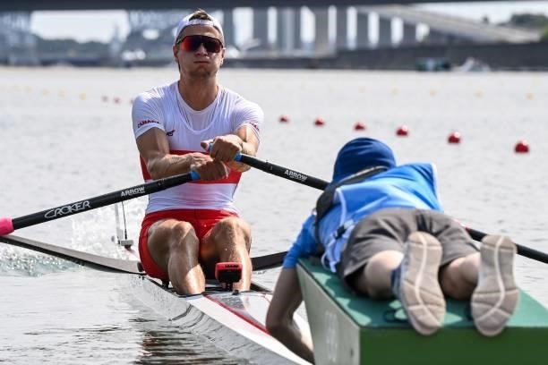 Canada's Trevor Jones competes in the men's single sculls rowing heats during the Tokyo 2020 Olympic Games at the Sea Forest Waterway in Tokyo on...
