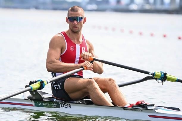 Denmark's Sverri Nielsen competes in the men's single sculls rowing heats during the Tokyo 2020 Olympic Games at the Sea Forest Waterway in Tokyo on...