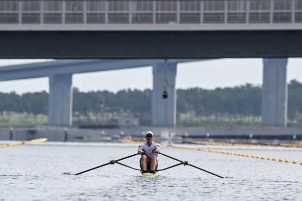 Norway's Kjetil Borch competes in the men's single sculls rowing heats during the Tokyo 2020 Olympic Games at the Sea Forest Waterway in Tokyo on...