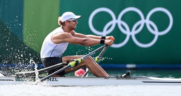 Tokyo , Japan - 23 July 2021; Jordan Parry of New Zealand in action during the heats of the men's single sculls event at the Sea Forest Waterway...