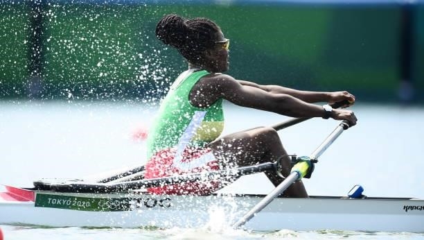 Tokyo , Japan - 23 July 2021; Claire Ayivon of Togo in action during the heats of the women's single sculls at the Sea Forest Waterway during the...