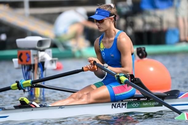 Namibia's Maike Diekmann competes in the women's single sculls rowing heats during the Tokyo 2020 Olympic Games at the Sea Forest Waterway in Tokyo...