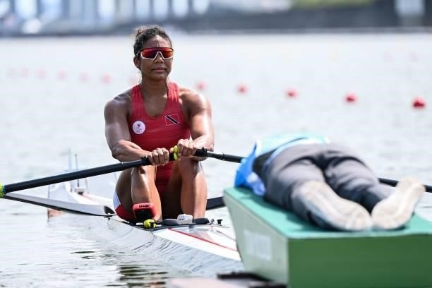 Trinidad and Tobago's Felice Chow competes in the women's single sculls rowing heats during the Tokyo 2020 Olympic Games at the Sea Forest Waterway...