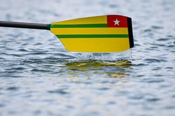 The paddle of Togo's Claire Ayivon is seen as she prepares to compete in the women's single sculls rowing heats during the Tokyo 2020 Olympic Games...