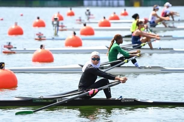 Iran's Nazanin Malaei prepares to compete in the women's single sculls rowing heats during the Tokyo 2020 Olympic Games at the Sea Forest Waterway in...
