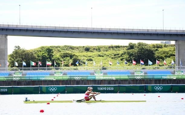 Tokyo , Japan - 23 July 2021; Carling Zeeman of Canada in action during the heats of the women's single sculls at the Sea Forest Waterway during the...