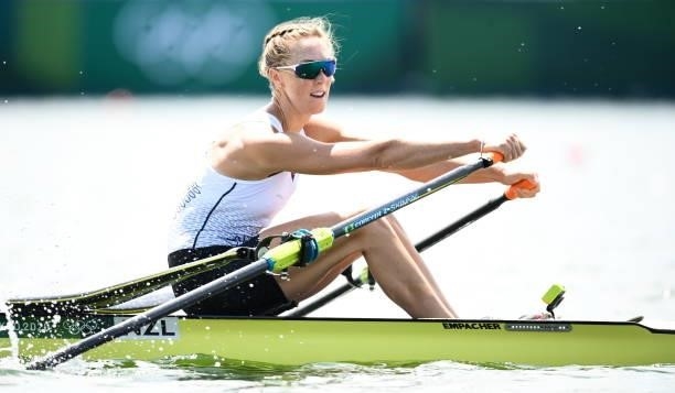 Tokyo , Japan - 23 July 2021; Emma Twigg of New Zealand in action during the heats of the women's single sculls at the Sea Forest Waterway during the...
