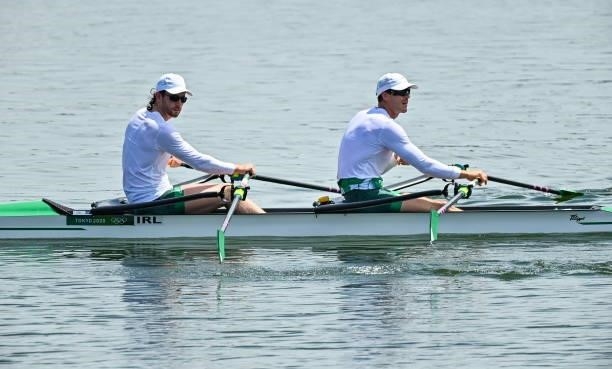 Tokyo , Japan - 23 July 2021; Philip Doyle, right, and Ronan Byrne of Ireland warm-up before their heat of the men's double sculls at the Sea Forest...