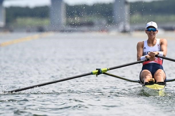 Britain's Victoria Thornley competes in the women's single sculls rowing heats during the Tokyo 2020 Olympic Games at the Sea Forest Waterway in...