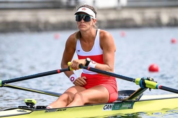 Canada's Carling Zeeman prepares to compete in the women's single sculls rowing heats during the Tokyo 2020 Olympic Games at the Sea Forest Waterway...