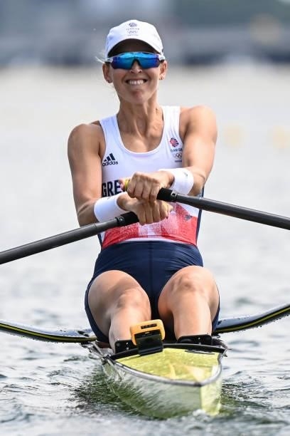 Britain's Victoria Thornley competes in the women's single sculls rowing heats during the Tokyo 2020 Olympic Games at the Sea Forest Waterway in...