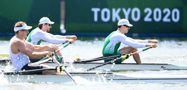 Tokyo , Japan - 23 July 2021; Ronan Byrne, left, and Philip Doyle of Ireland in action in their heat of the men's double sculls at the Sea Forest...