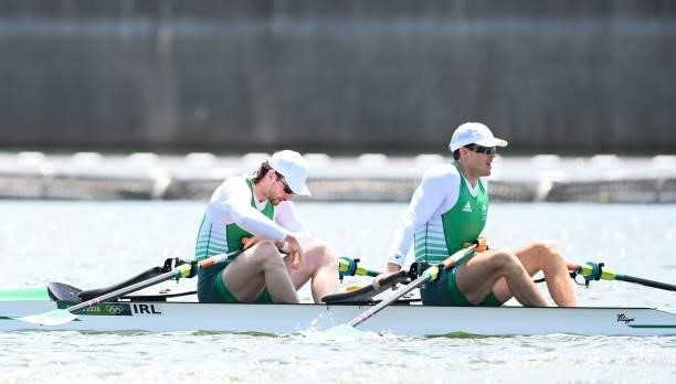 Tokyo , Japan - 23 July 2021; Ronan Byrne, left, and Philip Doyle of Ireland after their heat of the men's double sculls at the Sea Forest Waterway...