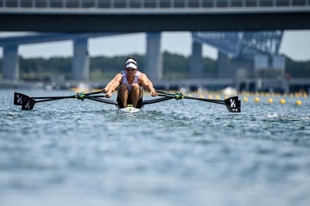 New Zealand's Jack Lopas and New Zealand's Christopher Harris compete in the men's double sculls rowing heats during the Tokyo 2020 Olympic Games at...