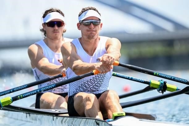 New Zealand's Jack Lopas and New Zealand's Christopher Harris compete in the men's double sculls rowing heats during the Tokyo 2020 Olympic Games at...