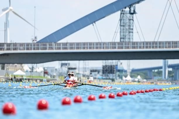 Canada's Gabrielle Smith and Canada's Jessica Sevick compete in the women's double sculls rowing heats during the Tokyo 2020 Olympic Games at the Sea...