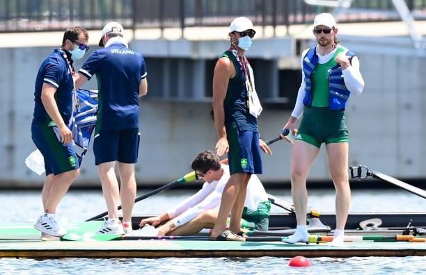 Tokyo , Japan - 23 July 2021; Ronan Byrne of Ireland in conversation with Team Ireland coach Giuseppe De Vita after the heats of the men's double...