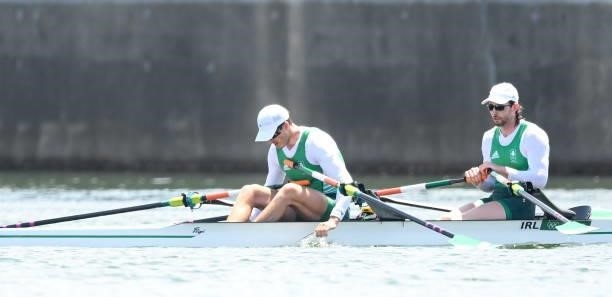 Tokyo , Japan - 23 July 2021; Philip Doyle, left, and Ronan Byrne of Ireland after their heat of the men's double sculls at the Sea Forest Waterway...
