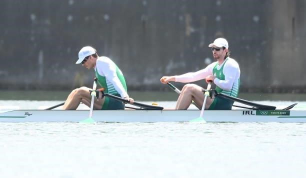 Tokyo , Japan - 23 July 2021; Philip Doyle, left, and Ronan Byrne of Ireland after their heat of the men's double sculls at the Sea Forest Waterway...