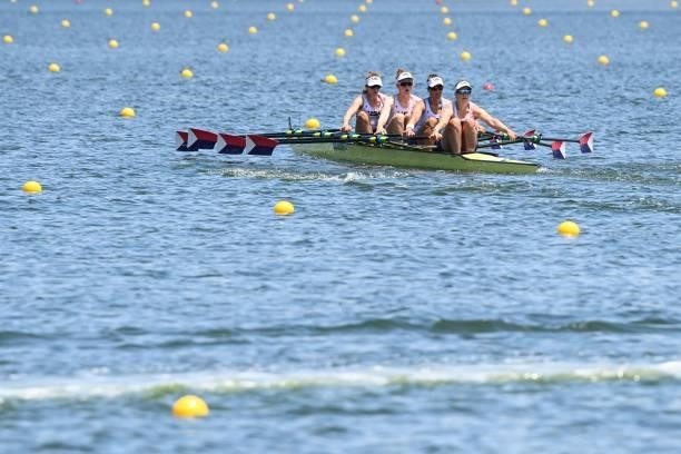 S Ellen Tomek, USA's Meghan O'leary, USA's Alison Rusher and USA's Cicely Madden compete in the women's quadruple sculls rowing heats during the...