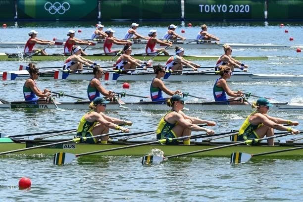 Teams compete in the women's quadruple sculls rowing heats during the Tokyo 2020 Olympic Games at the Sea Forest Waterway in Tokyo on July 23, 2021.